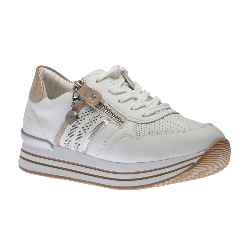 Remonte D1318 Women's White Sneakers, side zipper ffor easy on and off, lace up closure. Metallic details. Style #D1318-80