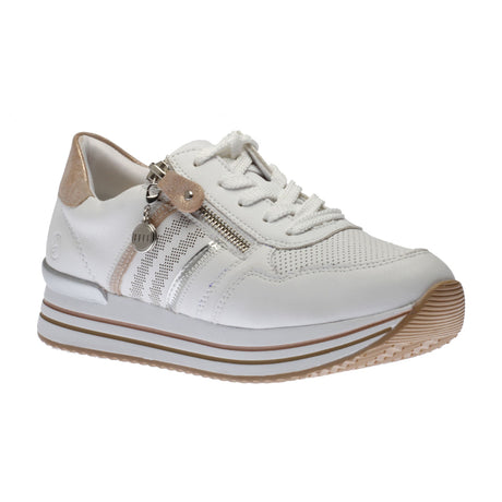 Remonte D1318 Women's White Sneakers, side zipper ffor easy on and off, lace up closure. Metallic details. Style #D1318-80
