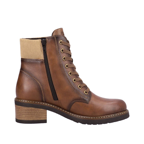 Remonte D1A70 Women's Lace Up Boots in Hazelnut. Weathered look, easy on and off with side zipper and lace closure, wide low heel for every day comfort. Style #D1A70-22