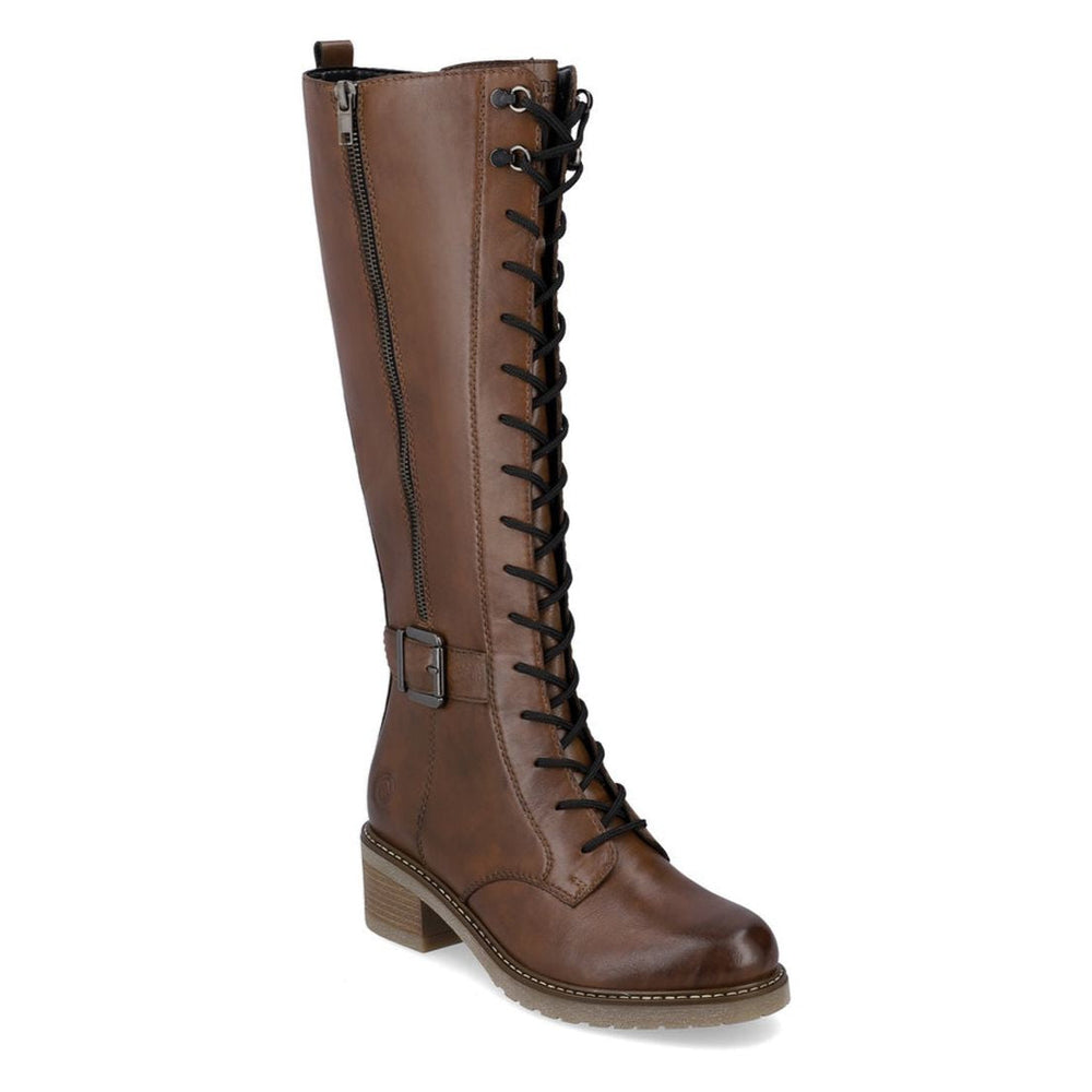 Remonte D1A74 Women's High Boots. Easy on and off side zipper, front lace up and decorative buckle, low wide heel. Style #D1A74-22
