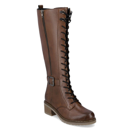 Remonte D1A74 Women's High Boots. Easy on and off side zipper, front lace up and decorative buckle, low wide heel. Style #D1A74-22
