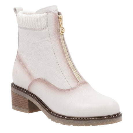 Remonte D1A80 Women's Zip Ankle Boot, White leather with brown hombre edges, chunky low heel easy on and off zipper frontal closure. Style #D1A80-80