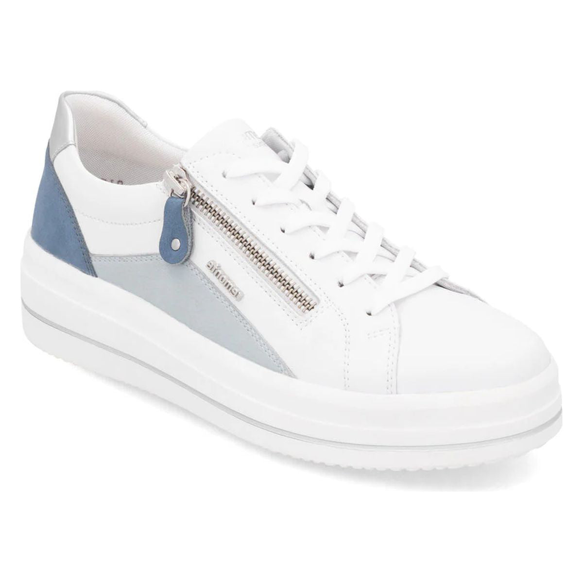 Women's white leather sneaker with light blue and grey accents, a side zipper, and a thick platform sole. Style #D1C01-84