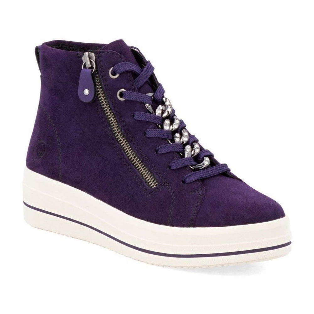 Remonte D1C70 Suede Sneaker Boot in Aubergine, platform shoe, lace up front with silver chain detail, side zipper for easy on and off. Style #D1C70-30
