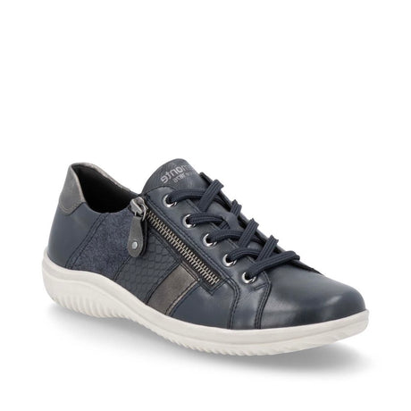 Remonte D1E00-14 women's navy blue side-zip sneaker with mixed textures, a metallic accent, and a white sole.