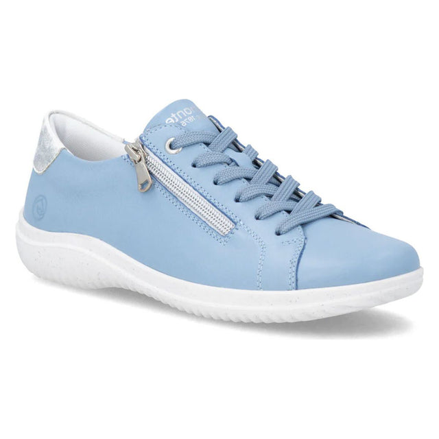 Light blue leather sneaker with a side zipper, blue laces, silver heel accent, and white textured sole. Style #D1E03-16
