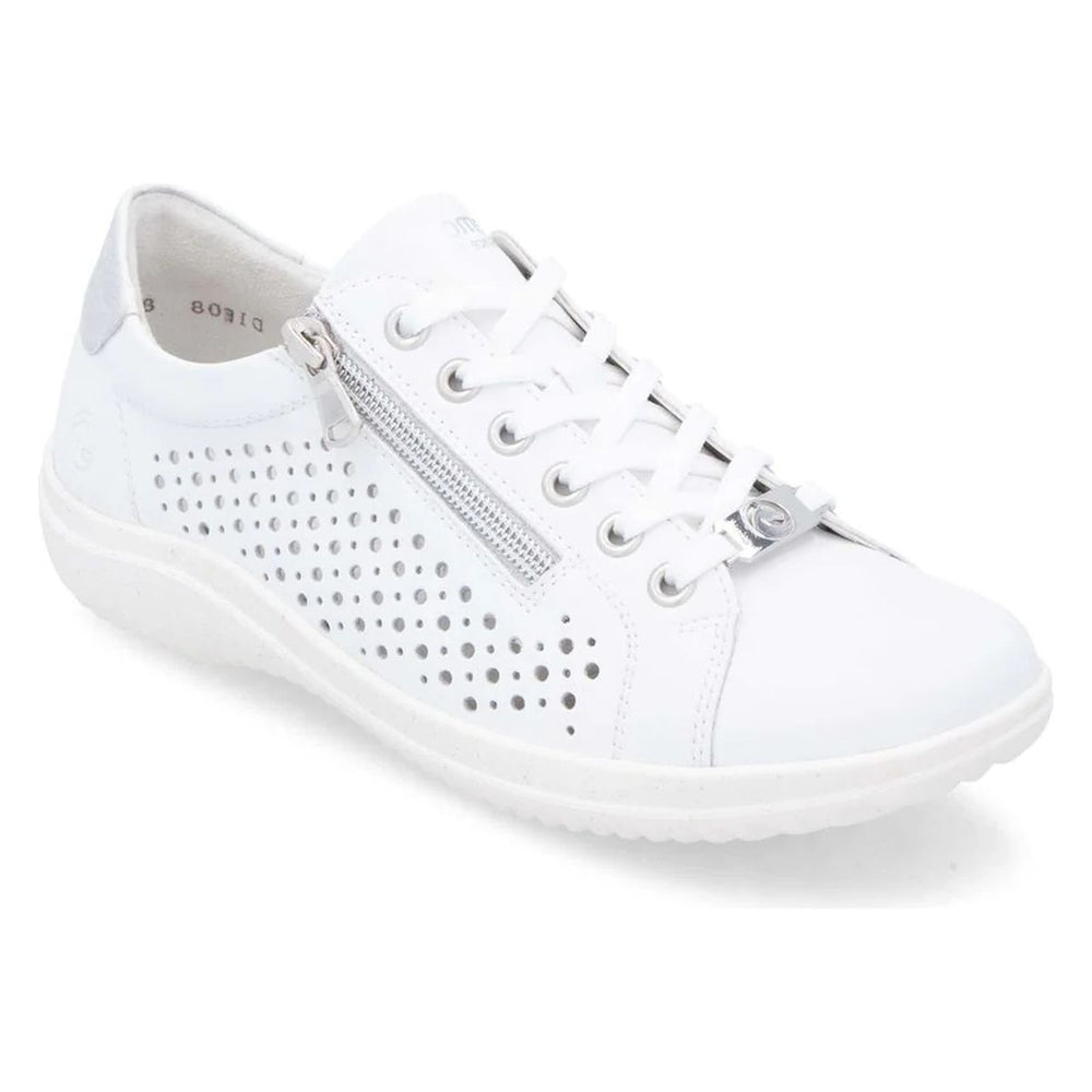 White leather sneaker with perforated details, a functional side zipper, and silver heel accent. Style # D1E08-80.
