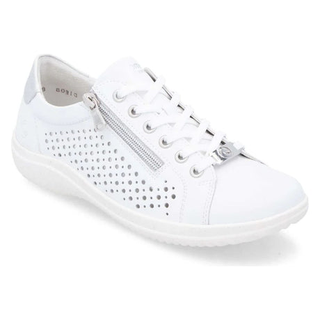 White leather sneaker with perforated details, a functional side zipper, and silver heel accent. Style # D1E08-80.