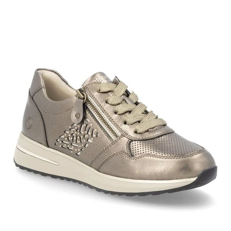 Remonte D1G00 Women's Zip Sneaker, breathable all day wear gold sneakers with side zipper for easy on and off. Style #D1G00-90