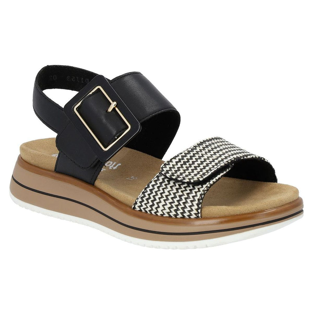 Women's black leather sandal with a chevron patterned front strap, large buckle, and tan platform sole. Style #D1J53-02