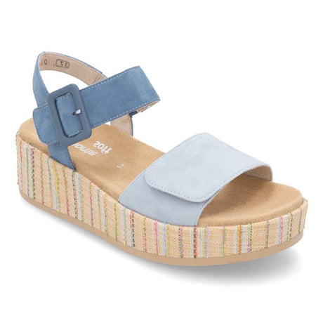 Remonte D1N54 Women's Wedge Sandal in Blue Jean, Soft textile exterior, low platform shoe with buckle and velcro closure. Style #D1N54-12