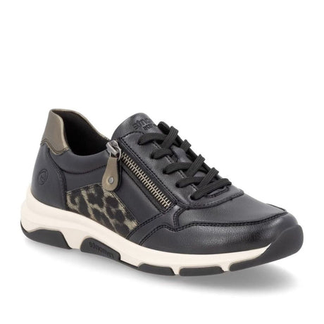 Remonte D1S01 Women's Side Zip Sneaker, premium leather exterior cheetah print accents, side zipper for easy on and off. Style #D1S01-03 
