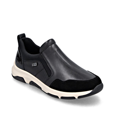 Remonte women's black slip-on sneaker with leather and suede, a side elastic gore, and a two-tone sole. D1S07-00.