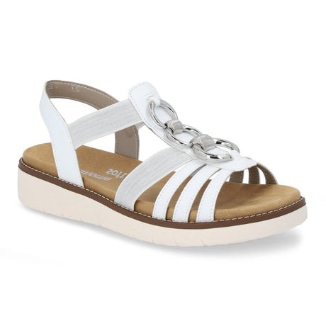 Remonte D2073 Women's White Strap Sandals, Elastic stretchy strap sandals with decorative silver chain, slight platform lift all day comfort. Style #D2073-80