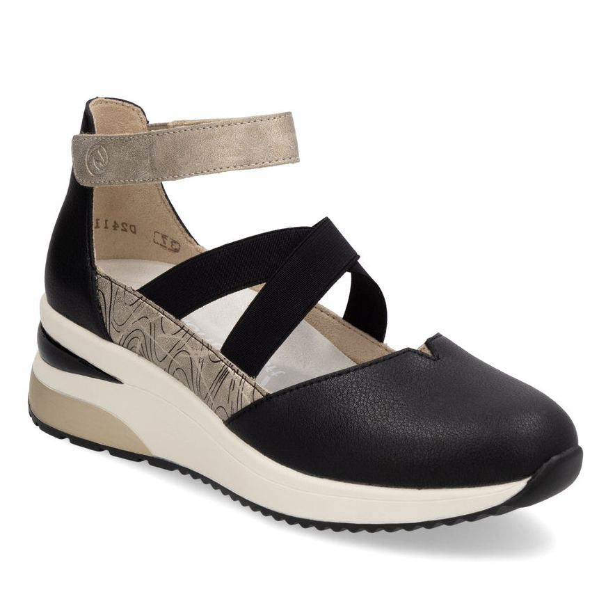 Women’s black wedge sandal with elastic straps, grey patterned side panel, and white platform sole. Style #D2411-03