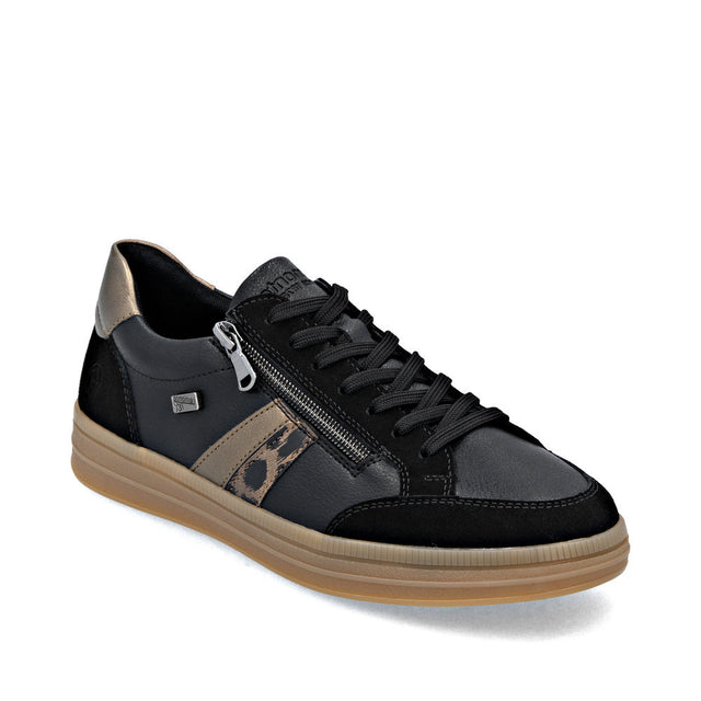 Remonte D2C04-03 women's black sneaker with a side zip, metallic accent, and tan sole.