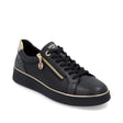 Remonte D2E00-03 women's black sneaker with a gold side zip, patterned side panels, and ribbed black sole.