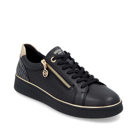 Remonte D2E00-03 women's black sneaker with a gold side zip, patterned side panels, and ribbed black sole.