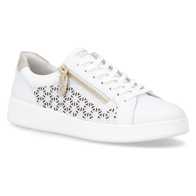 White leather sneaker with laser-cut floral patterns, gold side zipper, and thick white sole. Style # D2E03-81