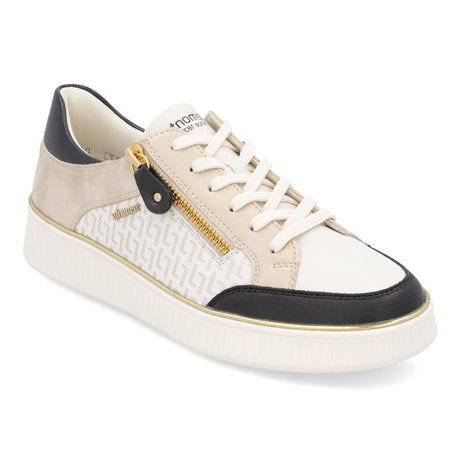 Remonte D2E04Women's Side Zip Sneaker, patterned textile exterior, gold detailing all day breathable comfort with side zipper for easy on and off. Style #D2E04-80