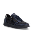 Navy and black textured leather sneaker with laces, side zip closure, metallic trim, and black sole. Style #D2E05-03