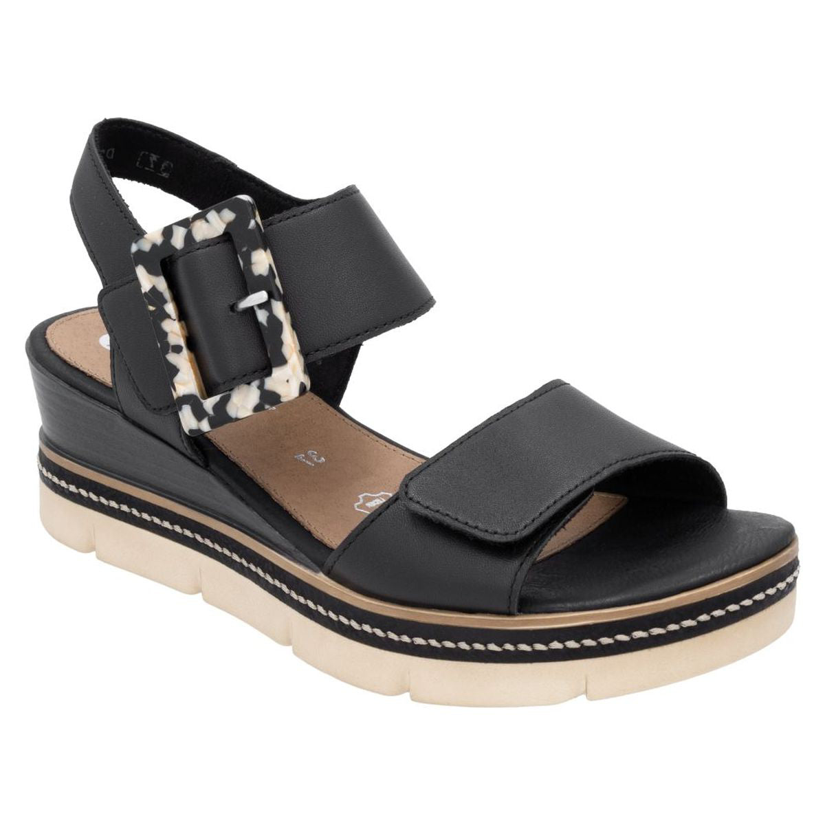 Women’s black leather wedge sandal with a decorative marble-pattern buckle and a beige platform lug sole. Style #D2L53-00
