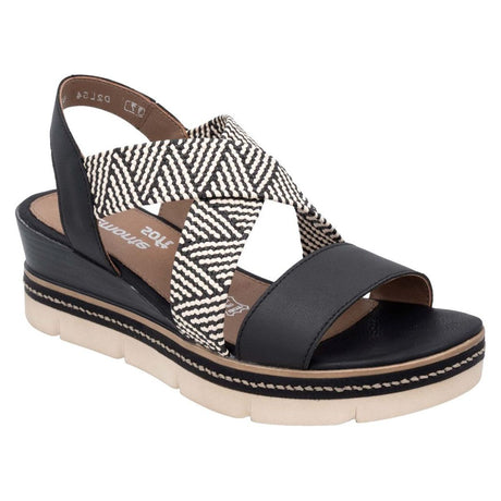 Women's black leather wedge sandal with chevron pattern elastic straps and a beige platform lug sole. Style #D2L54-03