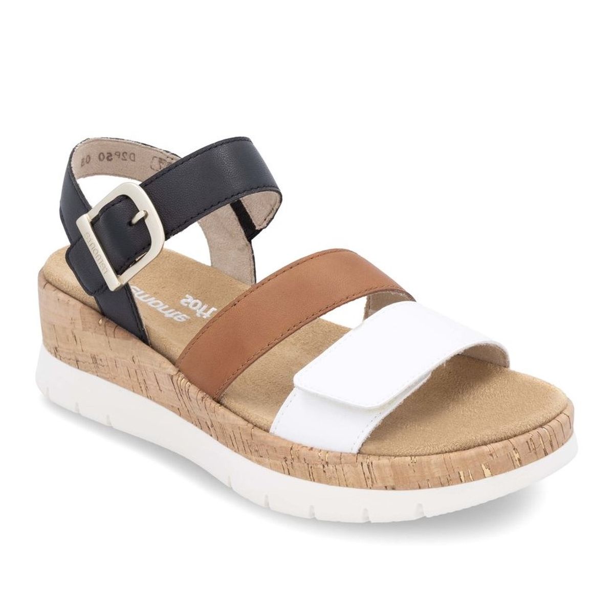 Remonte D2P50 Women's Wedge Sandal, cork sole, platform sandal, triple strap with buckle and Velcro closure for all day comfort. Style #D2P50-03
