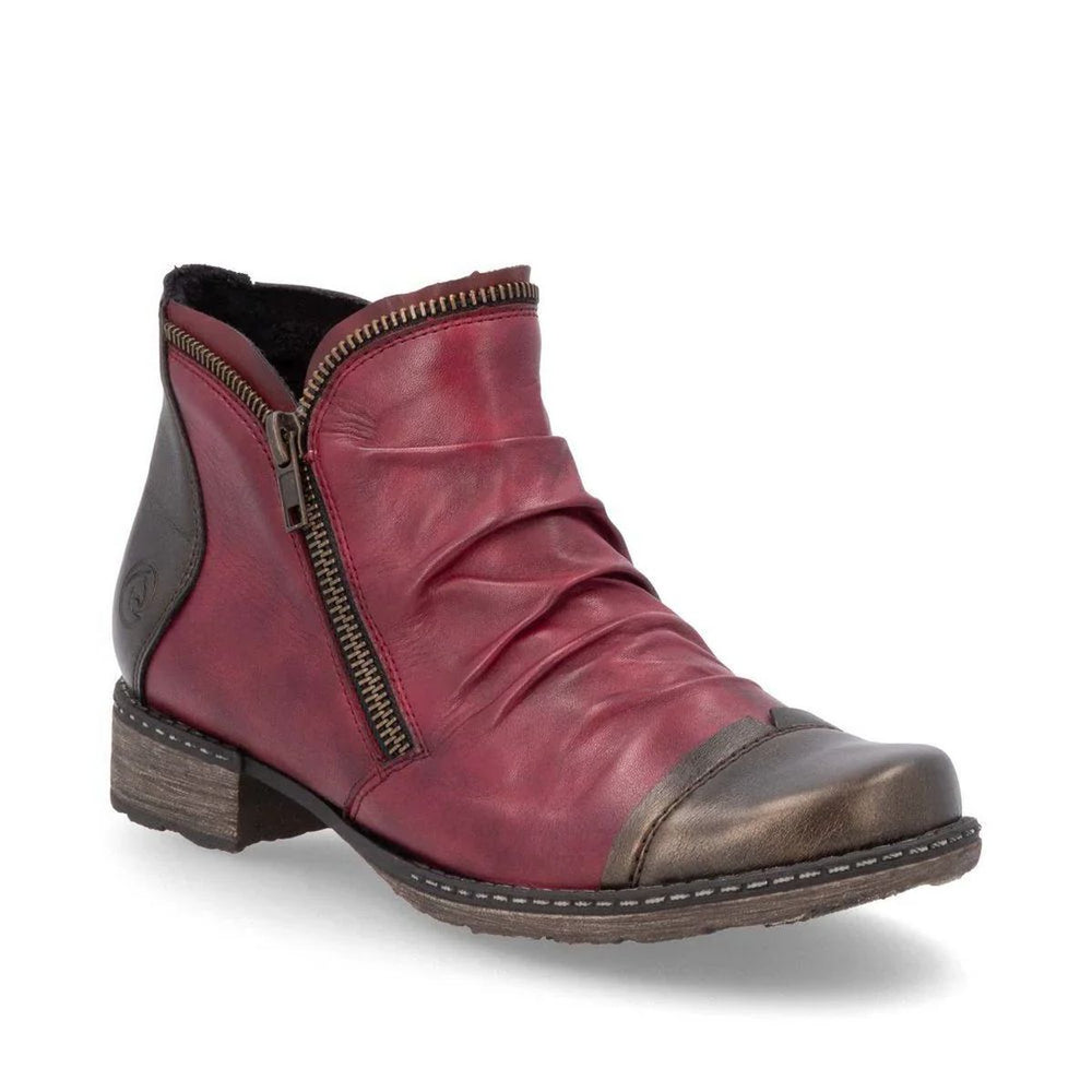 Remonte D4380 Women's Zip Ankle Boot in Vino, leather boots with slight heel and side zipper with decorative design in red. Style #D4380-35