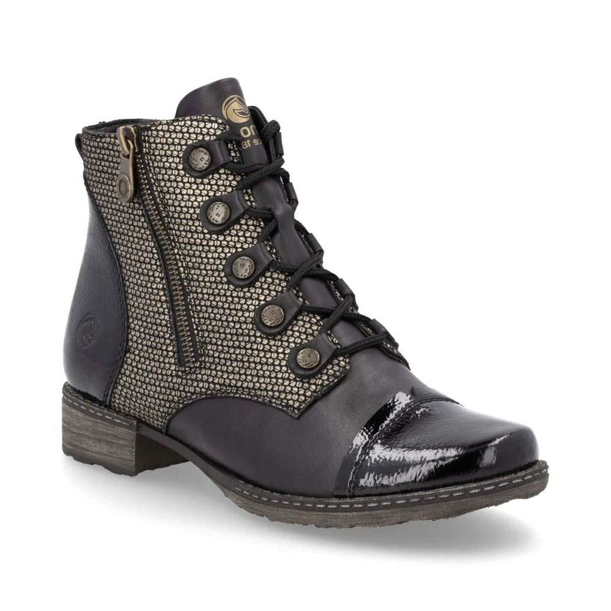 Remonte D4391 Night Women's Ankle Boots, patterned leather exterior, lace up front and side zipper for easy on and off. slight heel. Style #D4391-03