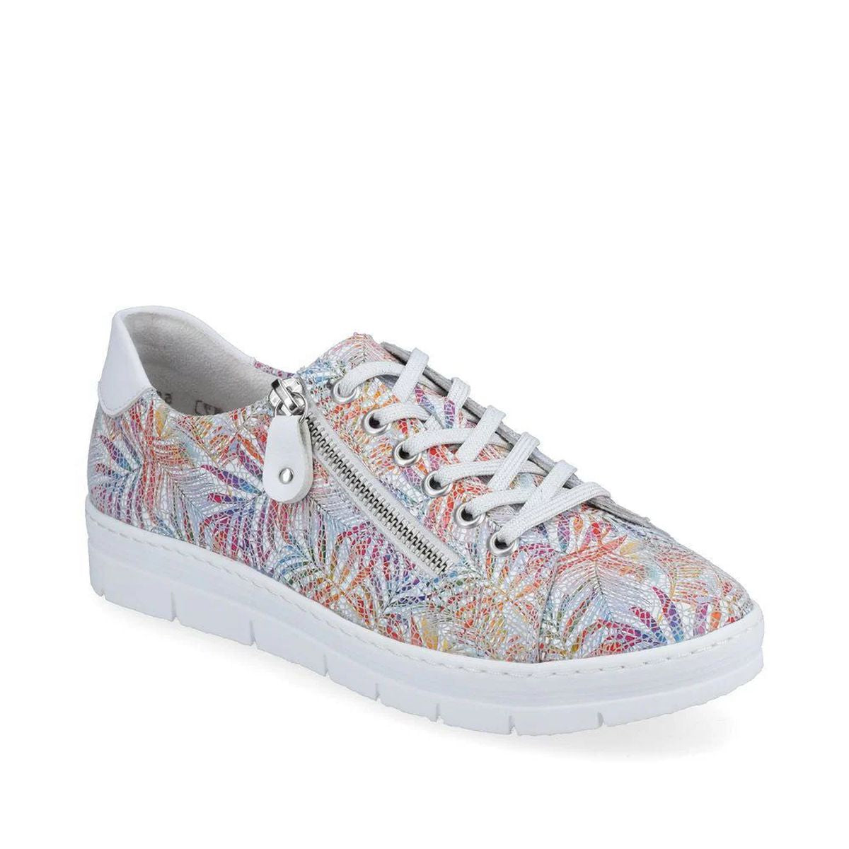 Remonte D5800 Women's Suede Sneakers, colourful patterned exterior. Front lace closure and side zipper for easy on and off. Style #D5800-88 