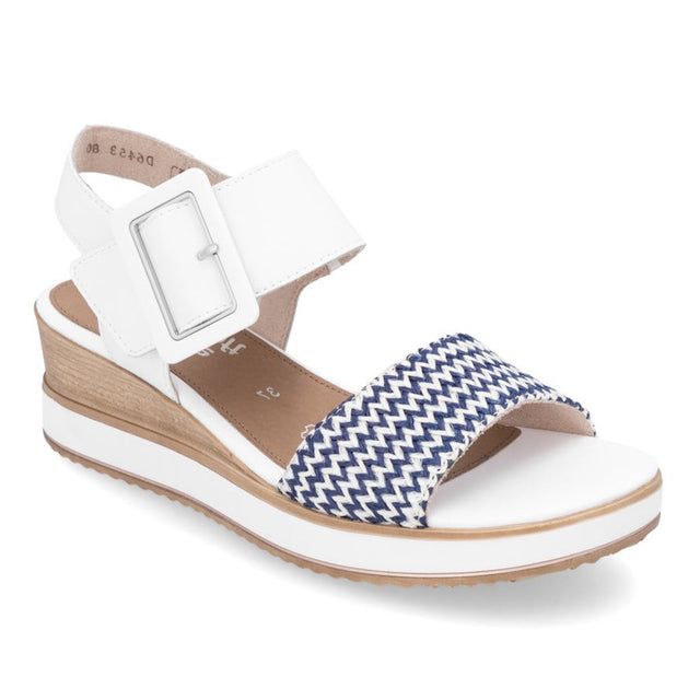 Remonte D6453 Women's Strap Wedge Sandals, wedge sandals in whit eleather with large buckle closure and chevron woven pattern strap. Style #D645380