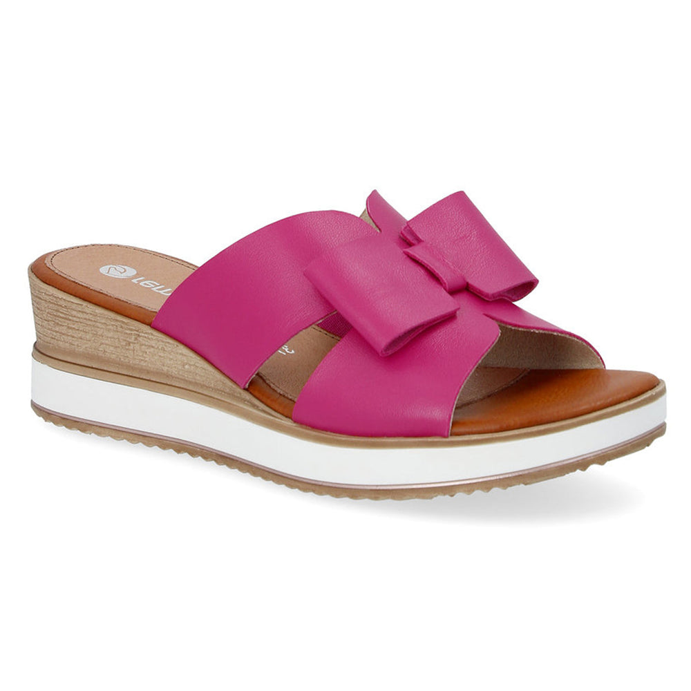 Remonte D6456 Mule wedge Women's Sandals, bright pink leather upper with bow design. All day comfort walking shoe. Style #D6456-31