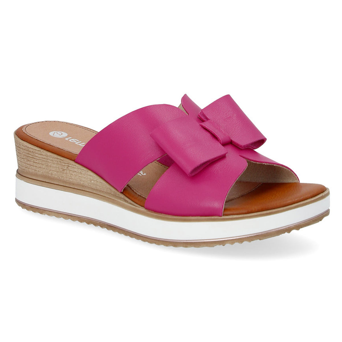 Remonte D6456 Mule wedge Women's Sandals, bright pink leather upper with bow design. All day comfort walking shoe. Style #D6456-31
