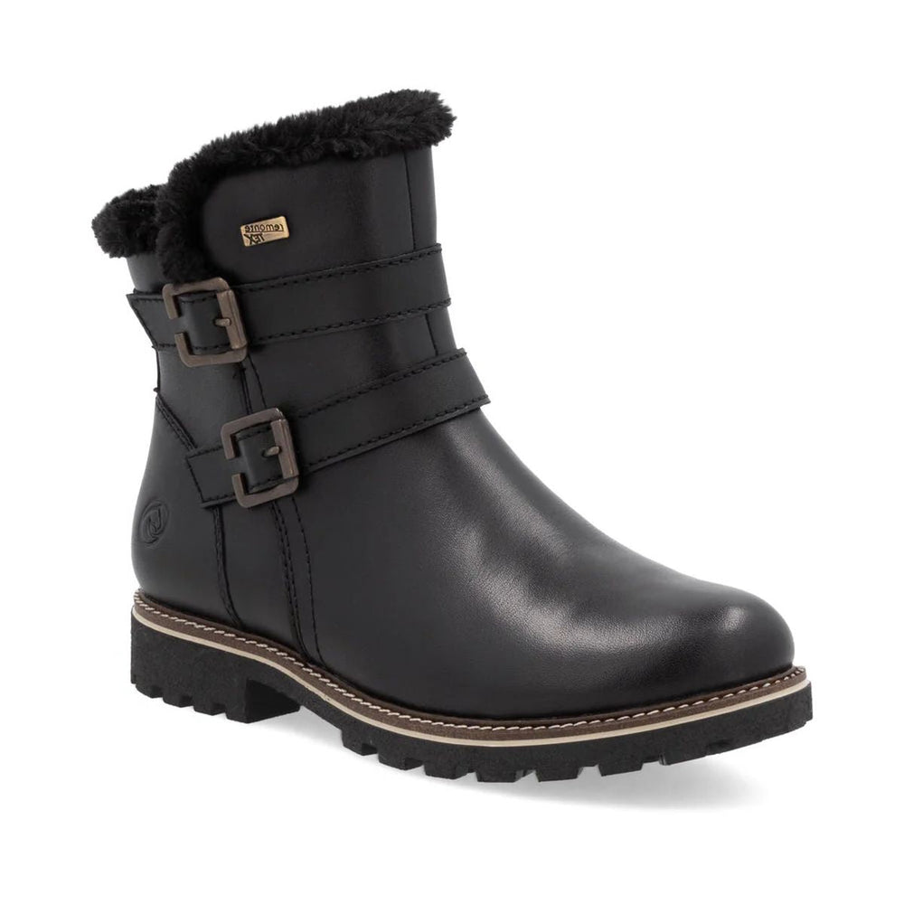 Remonte D8484 Women's Winter Boot, black leather winter boots, water proof exterior with double decorative buckle, insulated interior. Style #D8484-00