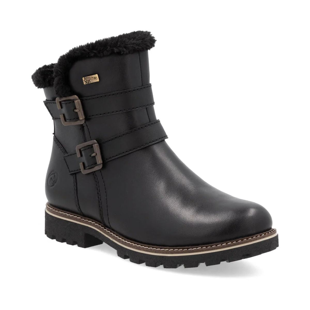 Remonte D8484 Women's Winter Boot, black leather winter boots, water proof exterior with double decorative buckle, insulated interior. Style #D8484-00