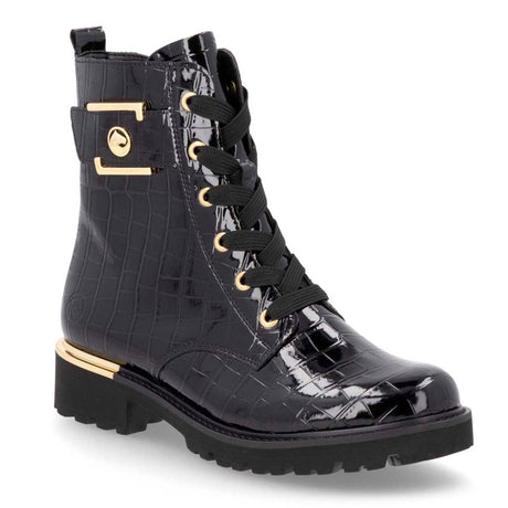 Remonte D8683 Patent Women's Ankle Boots, black patent leather boots, alligator print with gold details, lace up front.  Style #D8683-00