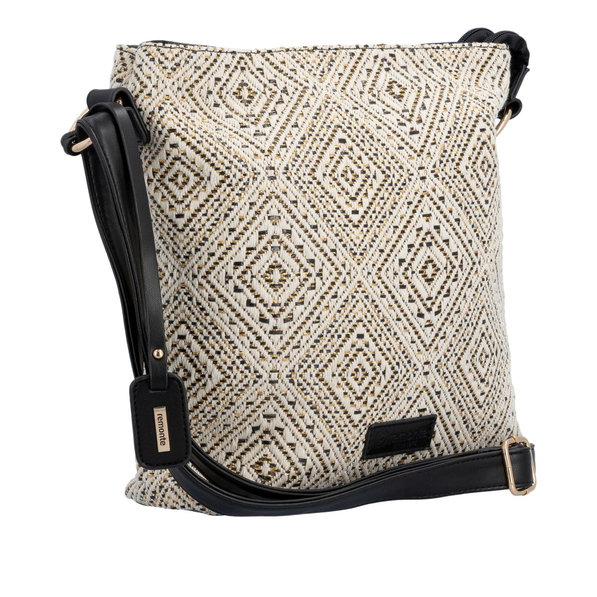 Women's off-white woven geometric patterned shoulder bag with black strap, gold accents, and logo tag. Style #Q0731-81