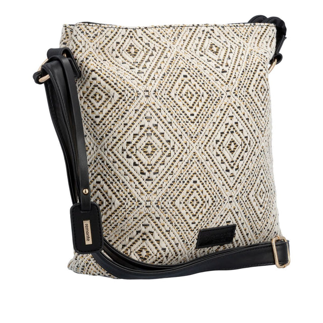 Women's off-white woven geometric patterned shoulder bag with black strap, gold accents, and logo tag. Style #Q0731-81