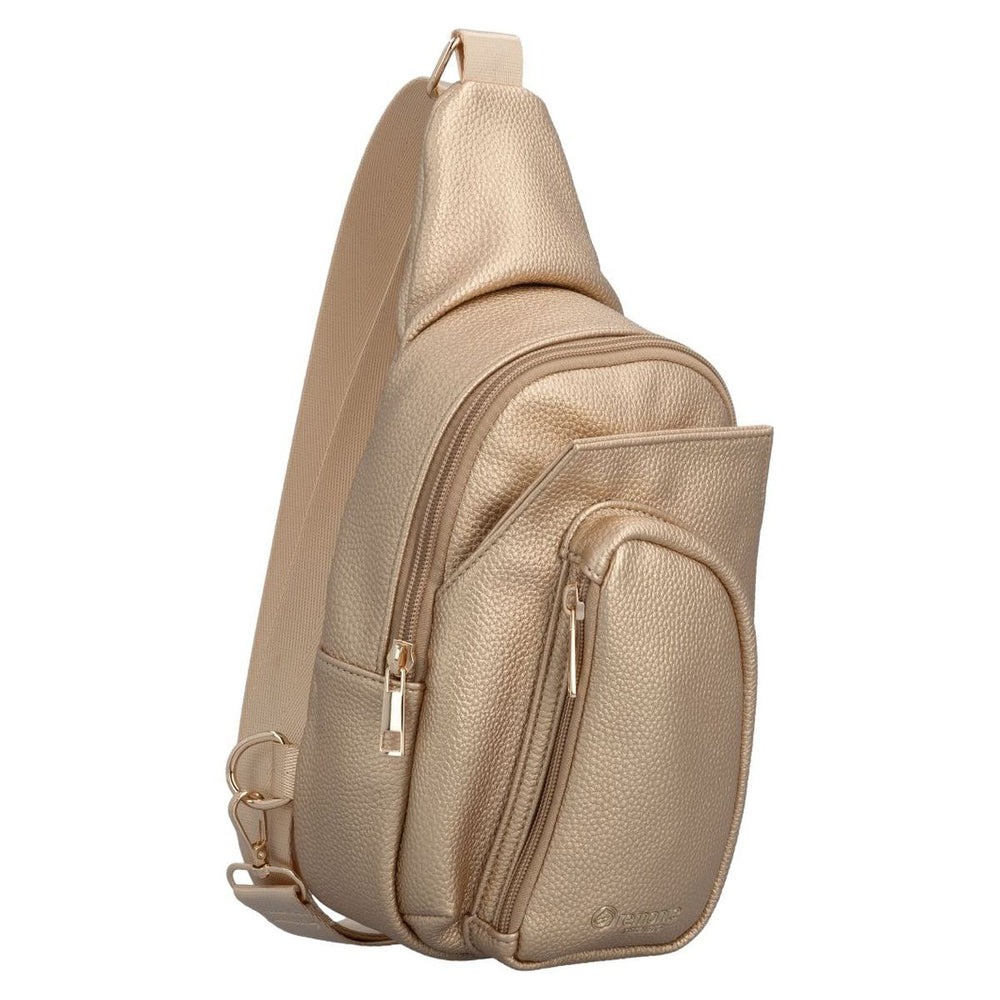 Women's metallic gold pebbled sling bag with front zipper pockets and adjustable fabric shoulder strap. Style #Q0809-90