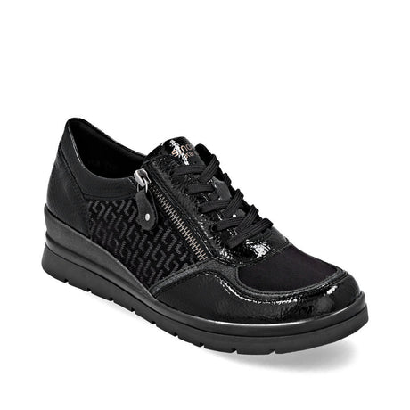 Leather and synthetic mid-height boot with lace and zipper closure, quilted removable leather insole, 44 mm heel, and rubber outsole for grip and comfort. Style #R0701-08