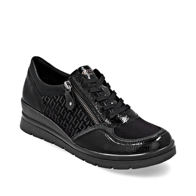 Leather and synthetic mid-height boot with lace and zipper closure, quilted removable leather insole, 44 mm heel, and rubber outsole for grip and comfort. Style #R0701-08
