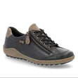 Black leather shoe with brown trim, side zipper, black laces, and textured tan sole. Style #R1402-08