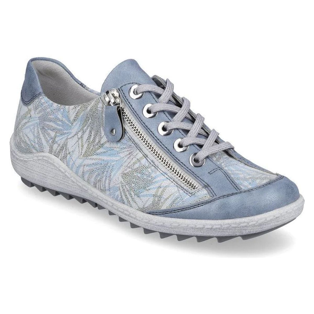 Blue floral leather low-top sneaker with laces and side zipper, style # R1402, on a textured grey wedge sole.