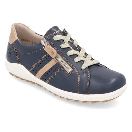 Women's navy blue leather sneaker with side zipper, tan accents, white laces, and gum sole. Style #R1432-14