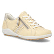 Remonte R1432 yellow leather sneaker with side zipper, white laces, and gum sole. Style #R1432-69