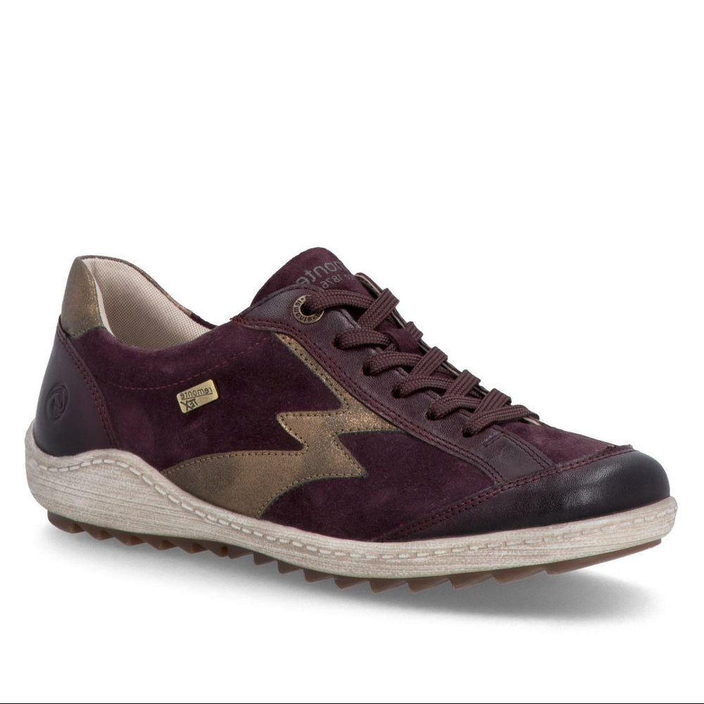 Burgundy suede shoe with metallic gold lightning accent, matching laces, and lightweight flexible sole. Style # R1443-35