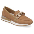 Women’s sand suede loafer with a gold chain ornament and a white athletic-style sole. Style # R2544-60