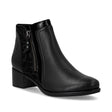 Remonte R5172 black leather dress boot with a low block heel, side zipper, and embossed croc detail on the back and side panel. R5172-00