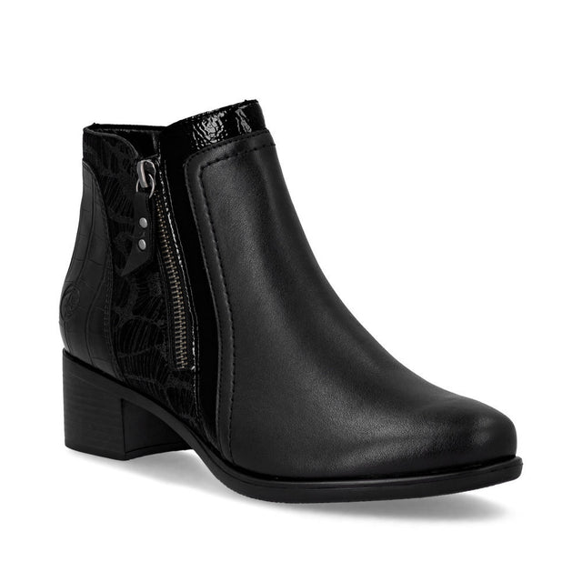 Remonte R5172 black leather dress boot with a low block heel, side zipper, and embossed croc detail on the back and side panel. R5172-00
